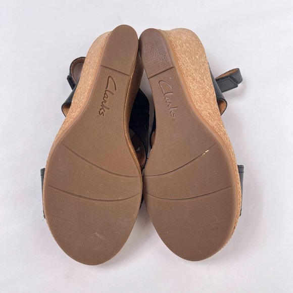 Clarks Black Tooled Leather Slingback Open Toe Cork Wedge Slide Sandals Size 11 - Picture 8 of 9